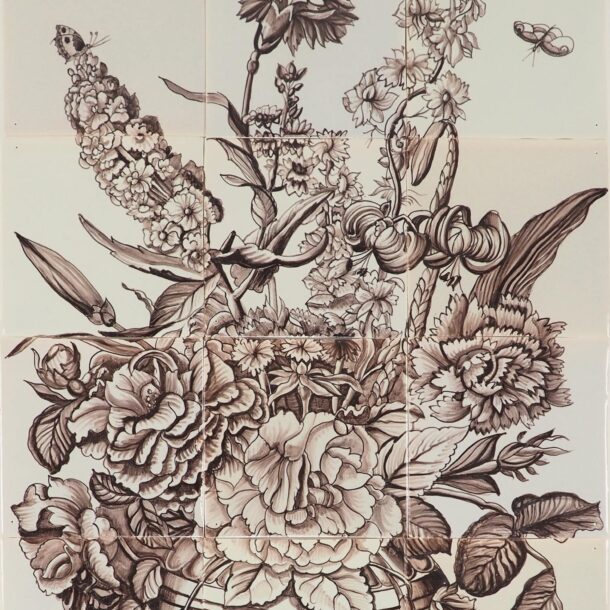 Custom flower vase mural in manganese