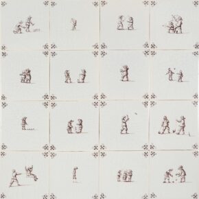 Hand-painted Delft tiles with Child's play pained in manganese and decorated with spider curl corner motifs