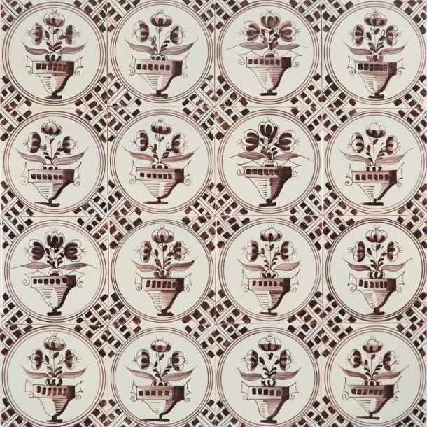 hand-painted Delft tiles with manganese 'Napoleon' flower pots