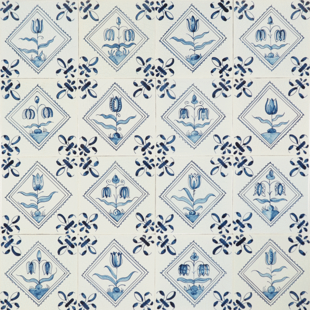 Hand-painted Delft tiles with tulips and fritillarias, painted in blue, enhanced with pinholes and a crackled finish