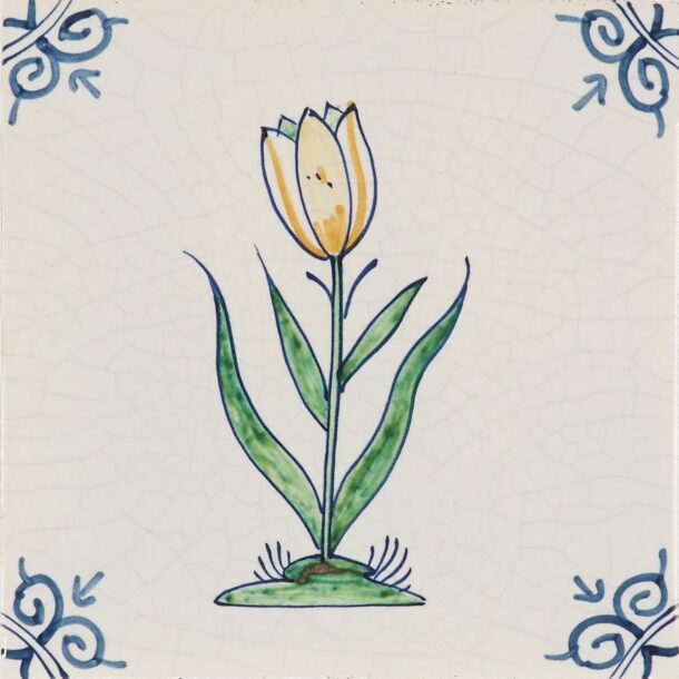 Hand-painted Delft tiles with flowers in polychrome decorated with ox-head corner motif