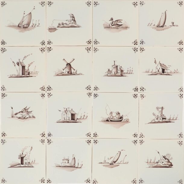 hand-painted Delft tiles depicting landscapes in manganese - P-6