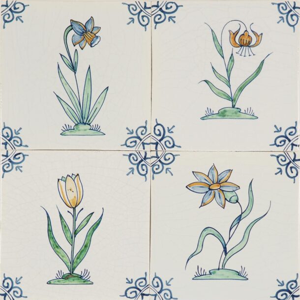 Hand-painted Delft tiles with flowers in polychrome decorated with ox-head corner motif