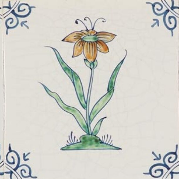 Hand-painted Delft tiles with flowers in polychrome decorated with ox-head corner motif