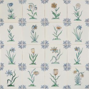 Hand-painted Delft tiles with flowers in polychrome decorated with ox-head corner motif