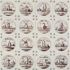 Hand-painted Delft tiles with landscapes in a circle - P-11 - painted in manganese