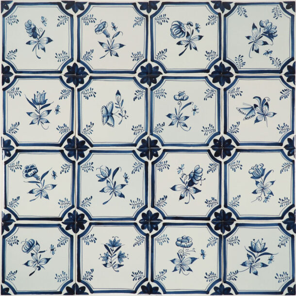 Hand painted delft tiles with floral design in octagon frame