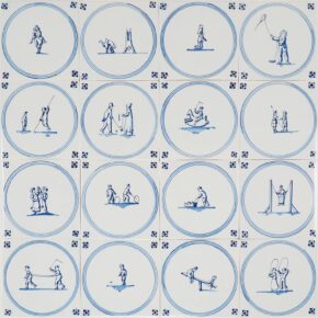 A hand-painted Delft tile series featuring Child’s Play scenes in circular medallions with classic Spider corner motifs.