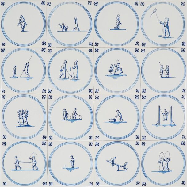 A hand-painted Delft tile series featuring Child’s Play scenes in circular medallions with classic Spider corner motifs.