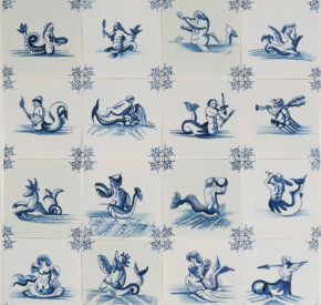 Delft tiles with mermaids, mermen and sea monsters