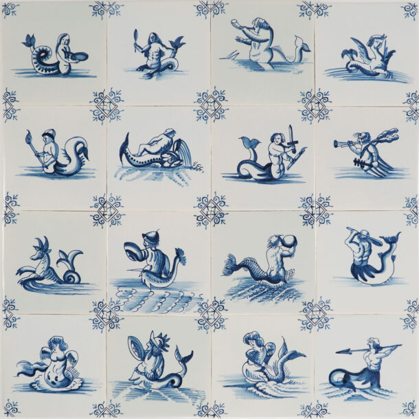 Delft tiles with mermaids, mermen and sea monsters