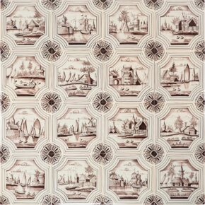 Hand-painted Delft tiles with landscapes in octagonal frame in manganese